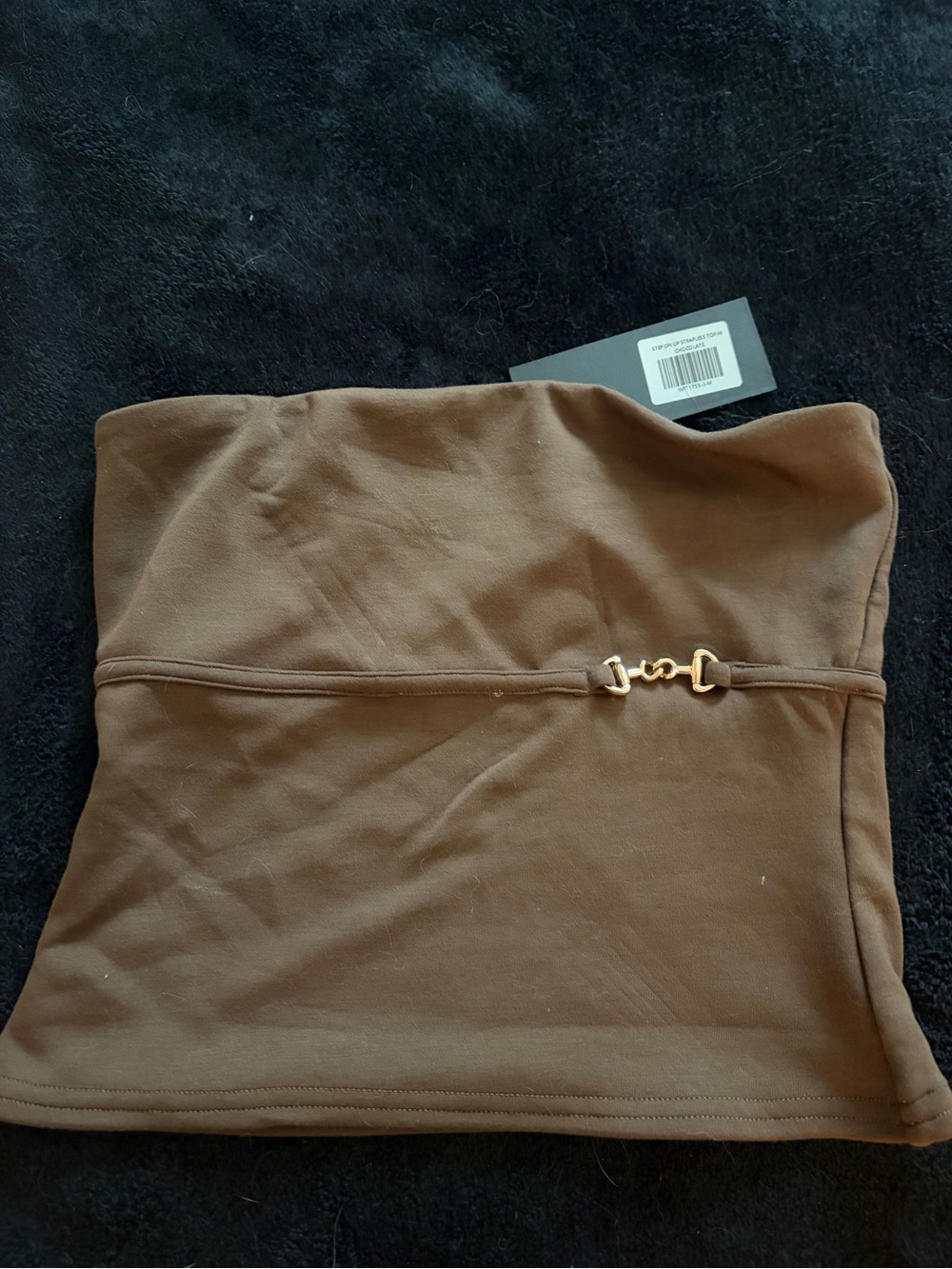 White Fox Boutique Brown Strapless Crop Top with Gold Accent